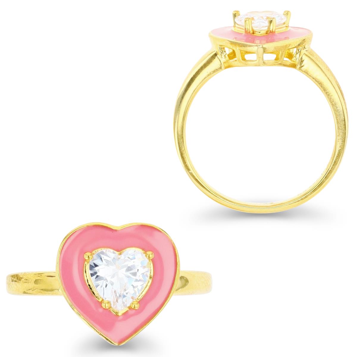 Sterling Silver Yellow 1M 6MM Polished White CZ & Pink Enamel Heart Ring