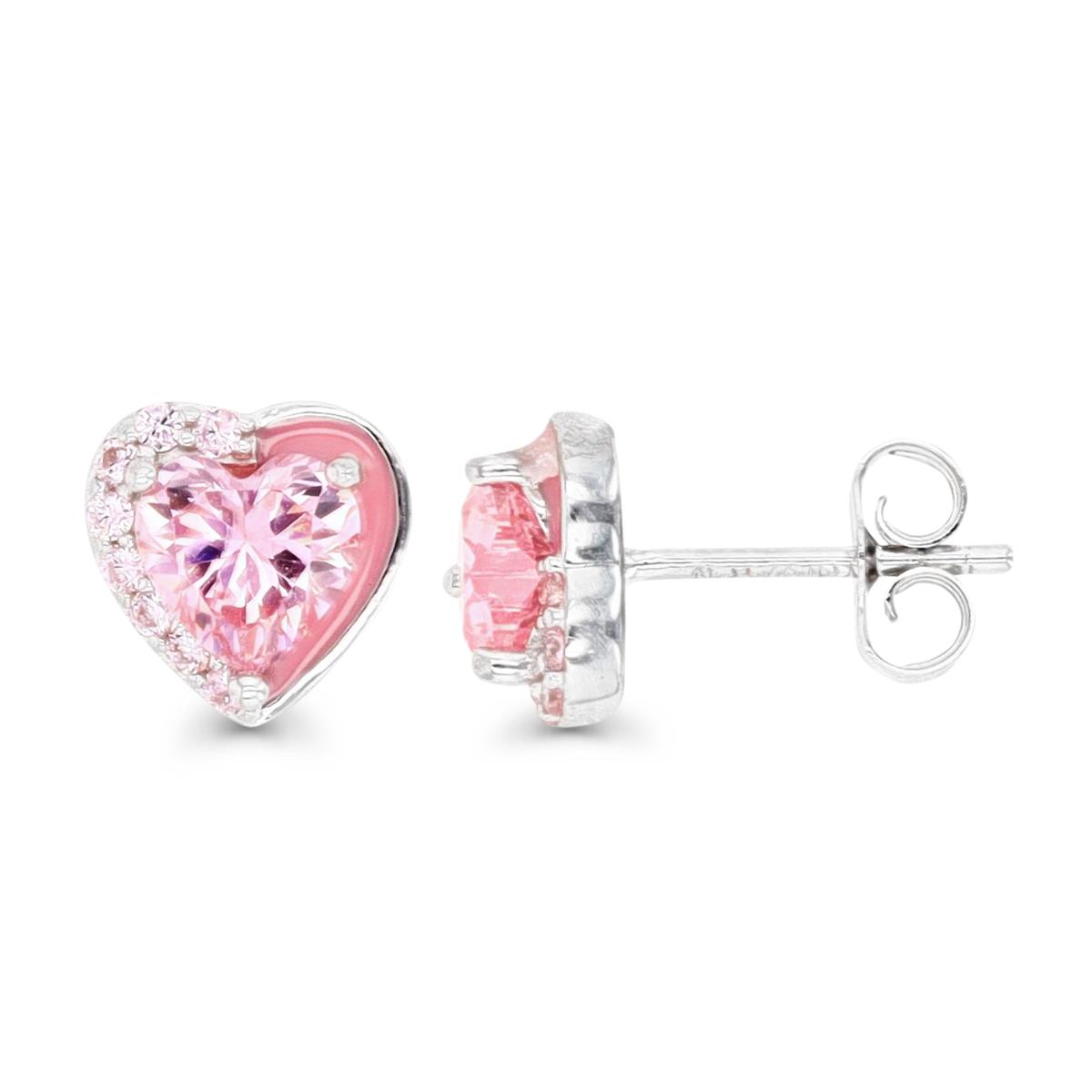 Sterling Silver Rhodium 6MM Polished Pink CZ & Pink Enamel Heart Stud Earring