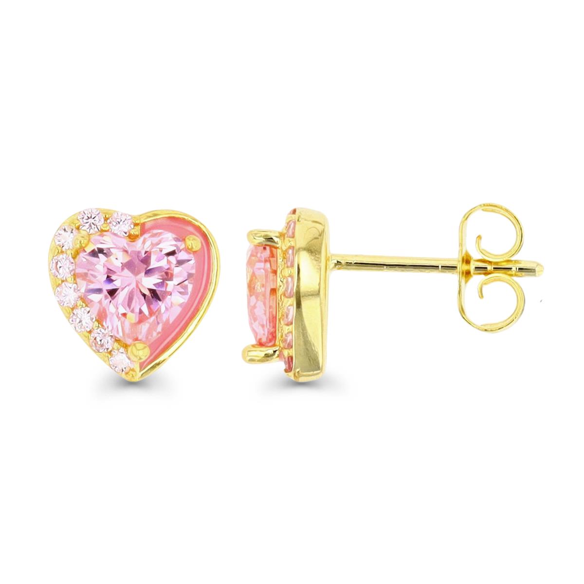 Sterling Silver Yellow 1M 6MM Polished Pink CZ & PinkEnamel Heart Stud Earring