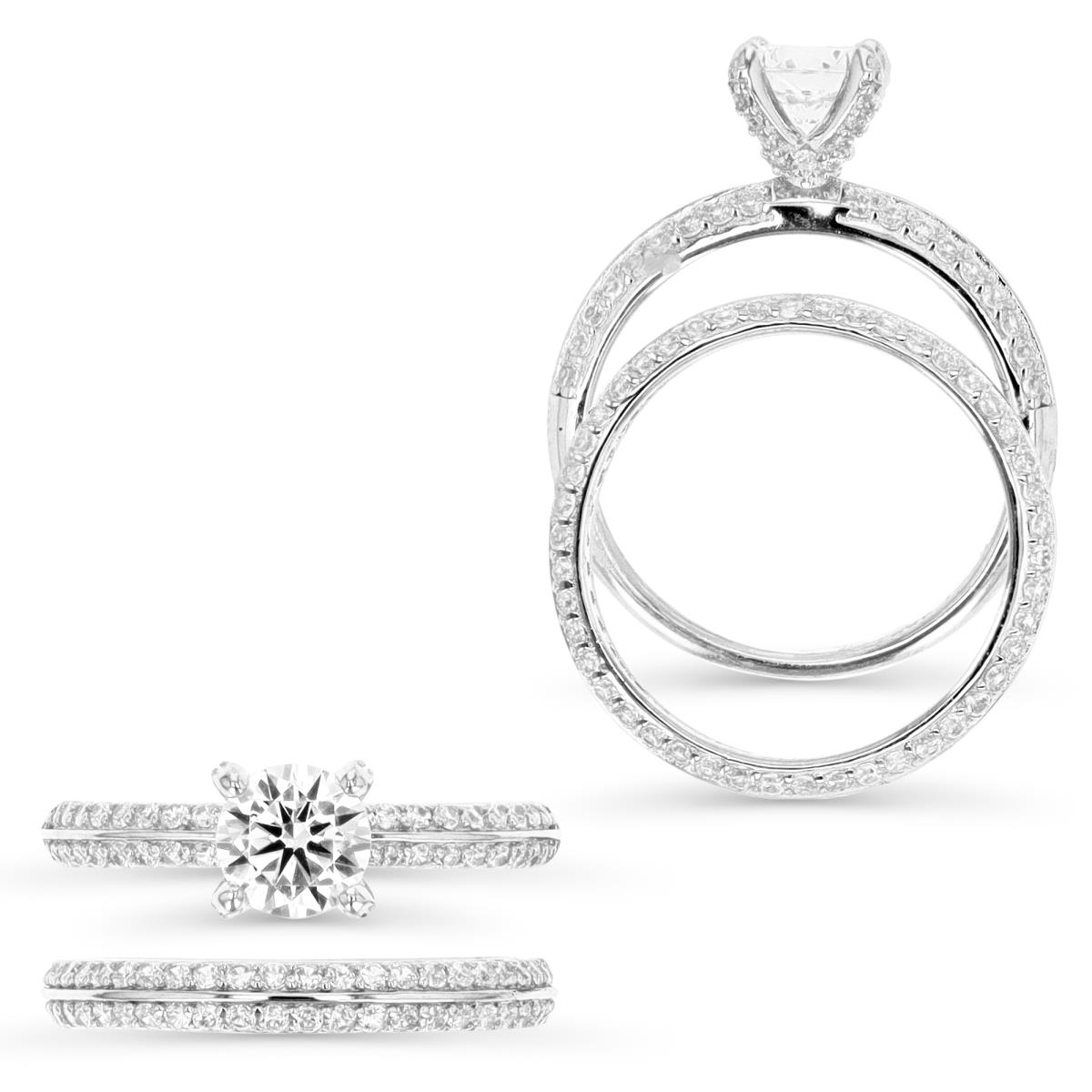 Sterling Silver Rhodium & White CZ 4-Prong and Pave Setting Engagement  Ring and Band Set