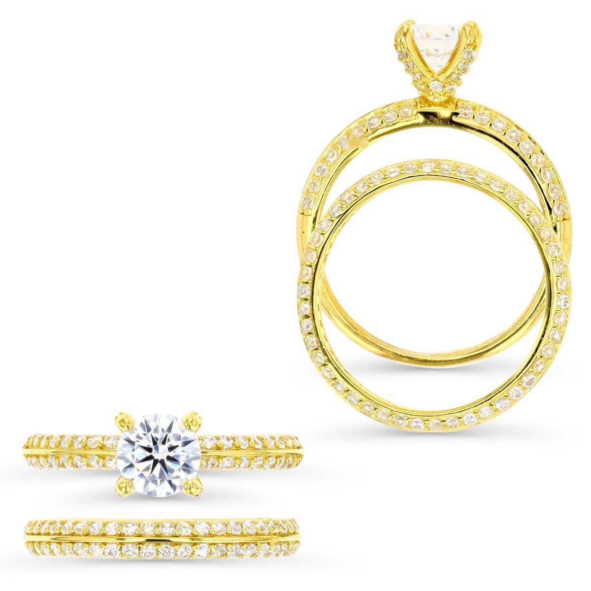 Sterling Silver Yellow & White CZ 4-Prong and Pave Setting Engagement  Ring and Band Set