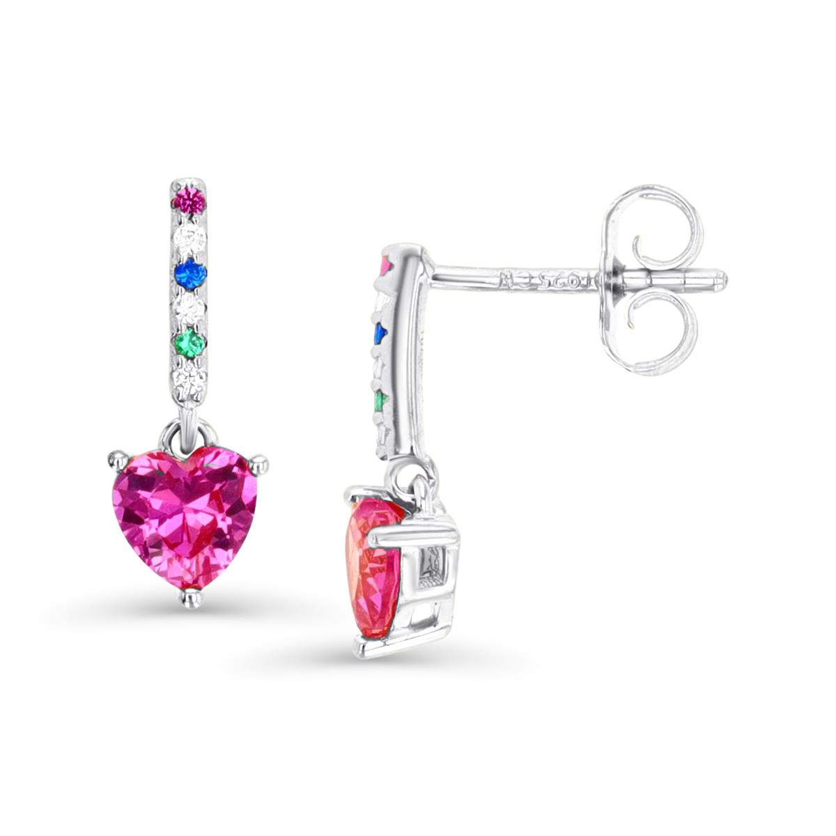 Sterling Silver Rhodium & HE Ct. Cr. Pink Sapphire & Multi-Color CZ Bar and Dangling Post Earring