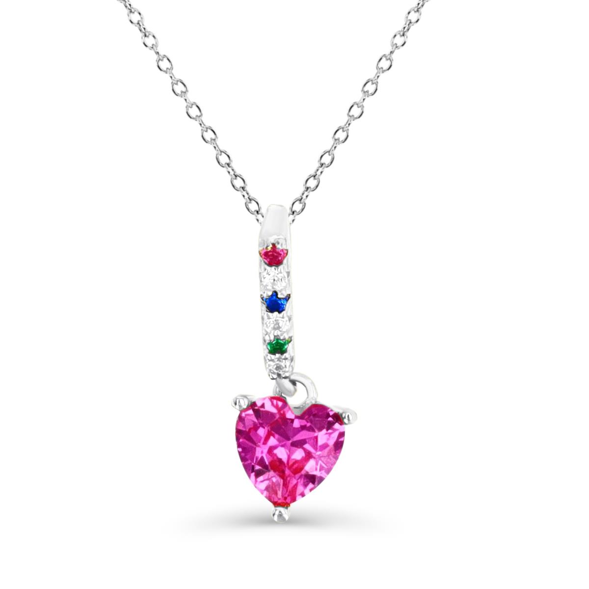Sterling Silver Rhodium & HE Ct. Cr. Pink Sapphire & Multi-Color CZ Bar and Dangling 18" Necklace