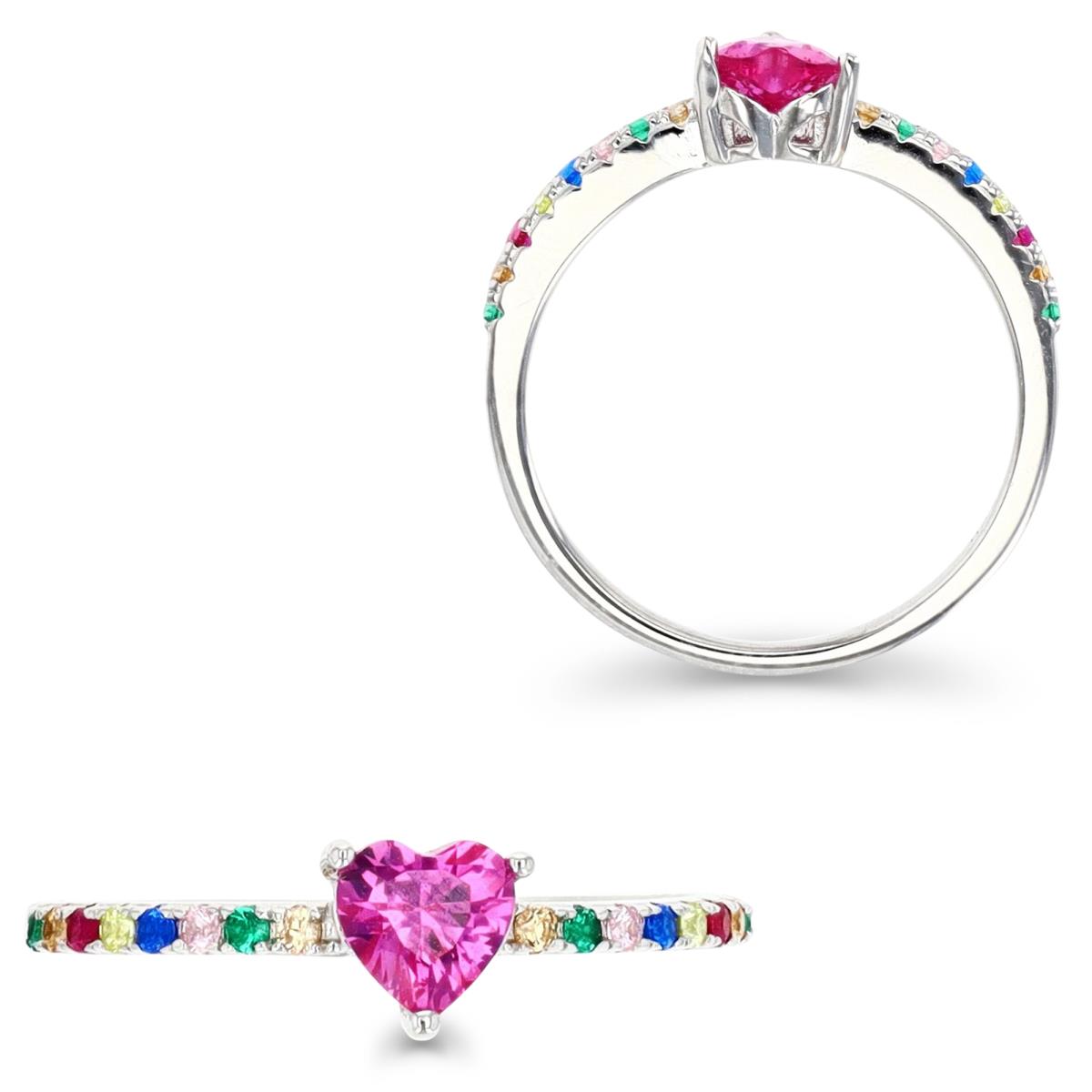Sterling Silver Rhodium & 5MM HE Ct. Cr. Pink Sapphire & Multi-Color CZ Ring