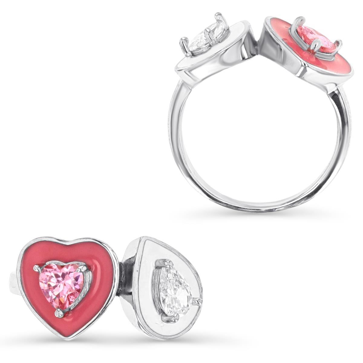 Sterling Silver Rhodium & White Pear-Shaped and Pink Heart-Shaped CZ and Enamel Ring