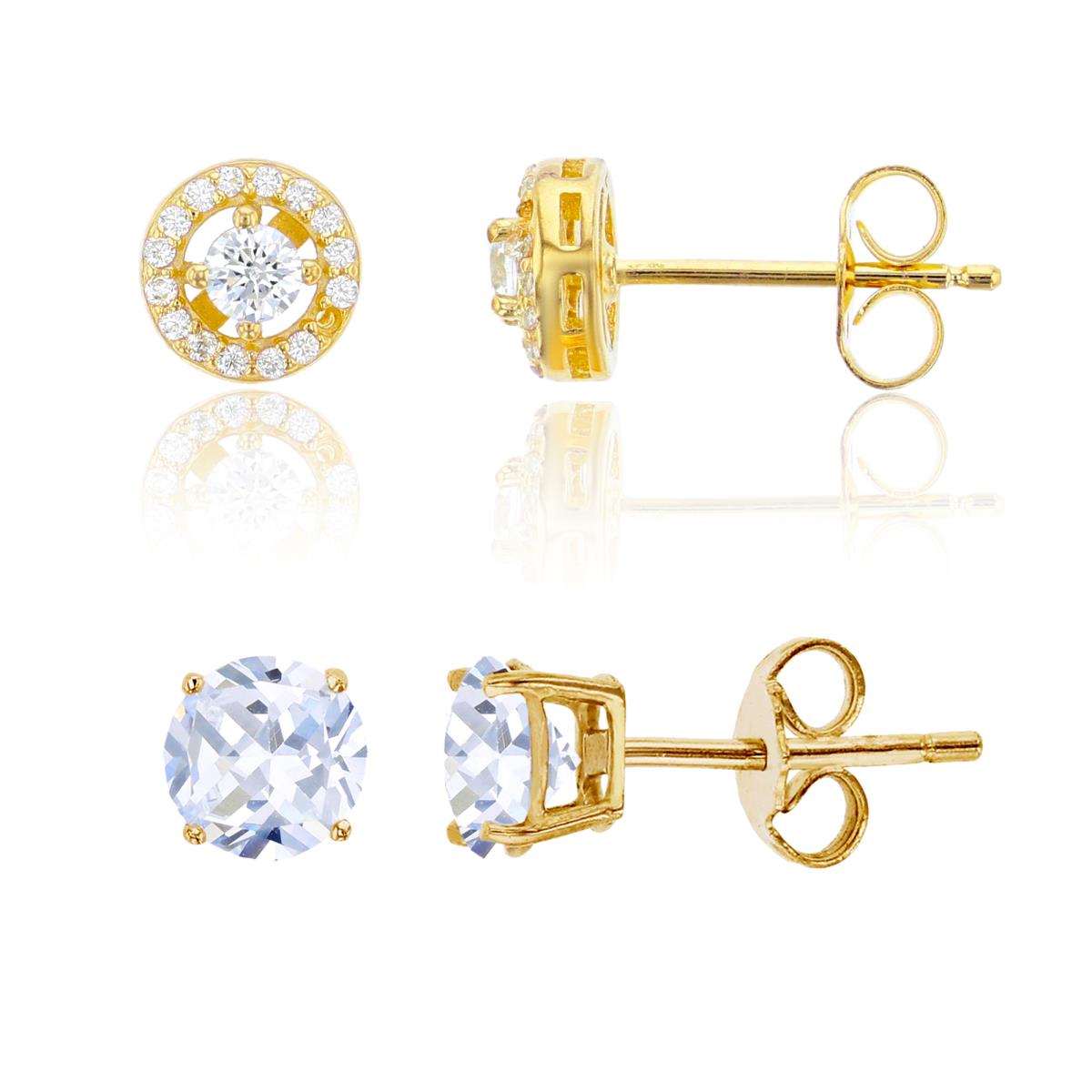 Sterling Silver Yellow 7MMX7MM;4MM Polished White CZ Halo & Round Solitaire Stud Earring Set