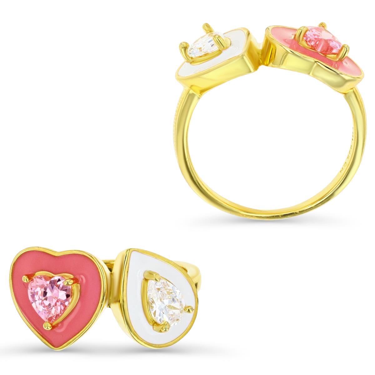 Sterling Silver Yellow 1M & White Pear-Shaped and Pink Heart-Shaped CZ and Enamel Ring
