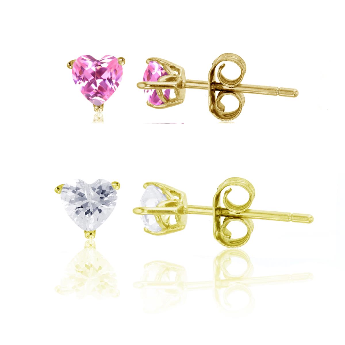 Sterling Silver Yellow 4X4MM;4X4MM Polished Pink & White CZ Heart Solitaire Stud Earring Set
