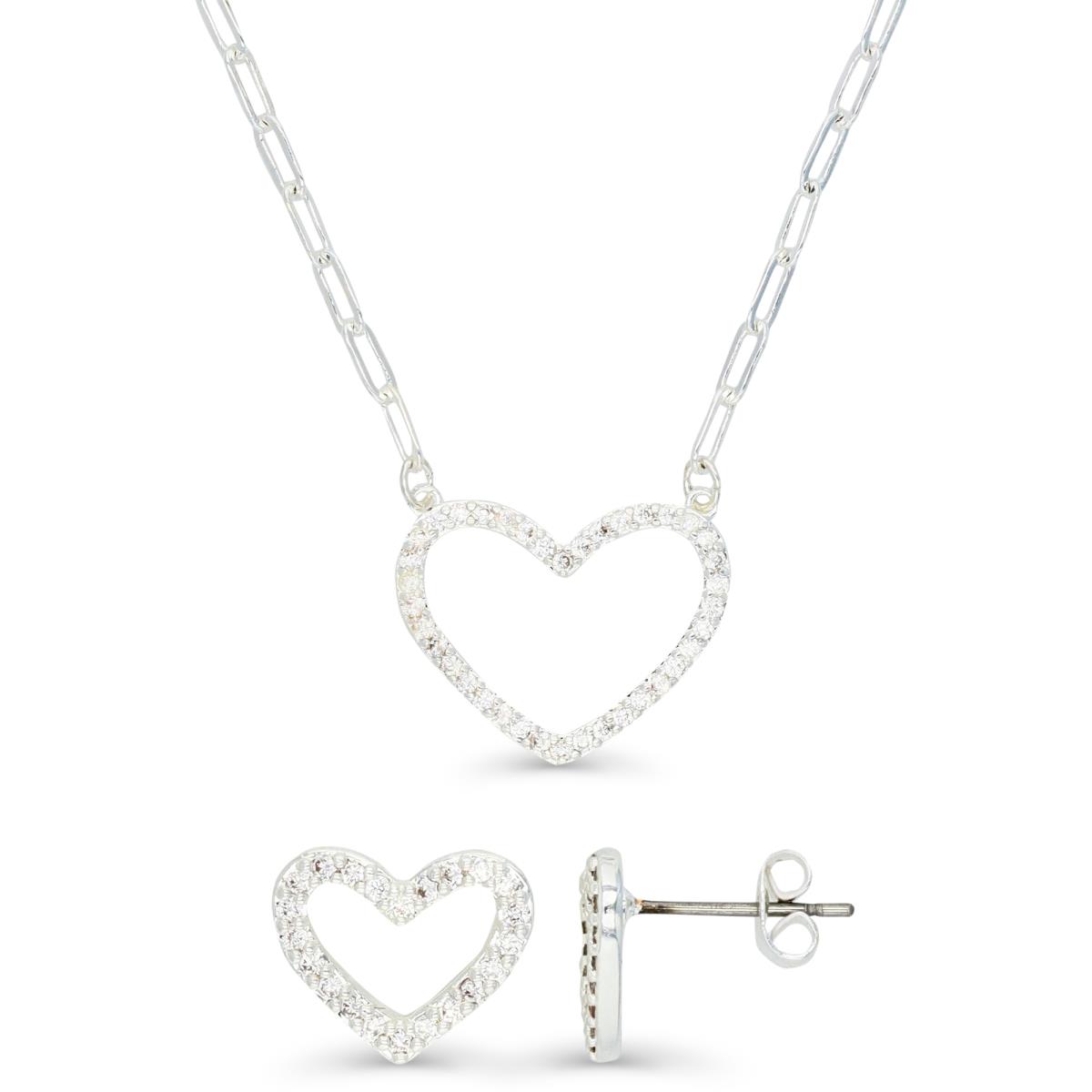 Platinum Plated Brass Silver Plated & White CZ Heart Necklace & Earrings 16+2" Set