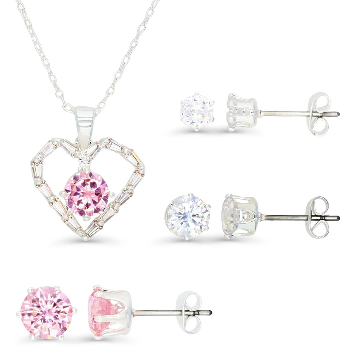 Platinum Plated Brass Silver Plated & White and Pink CZ  Heart Necklace &  6;5;4MM Stud Earrings Set