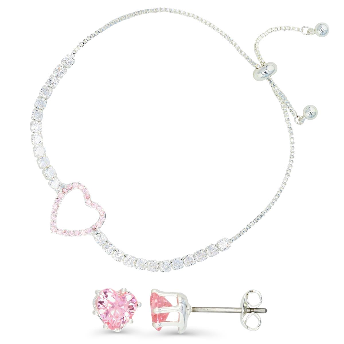 Platinum Plated Brass Silver Plated & Pink/White CZ Heart Bolo Bracelet and Heart Stud Earrings Set