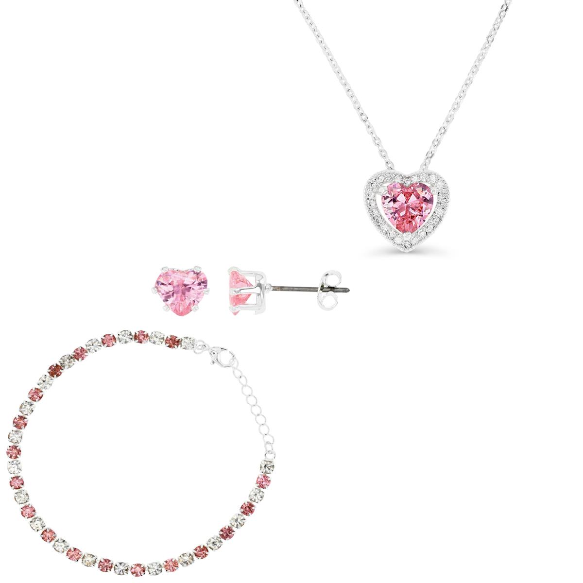 Platinum Plated Brass Silver Plated & Pink/White CZ 7+1" Tennis Bracelet, 6MM Heart Stud Earrings and 16+2" Halo Heart Necklace Set