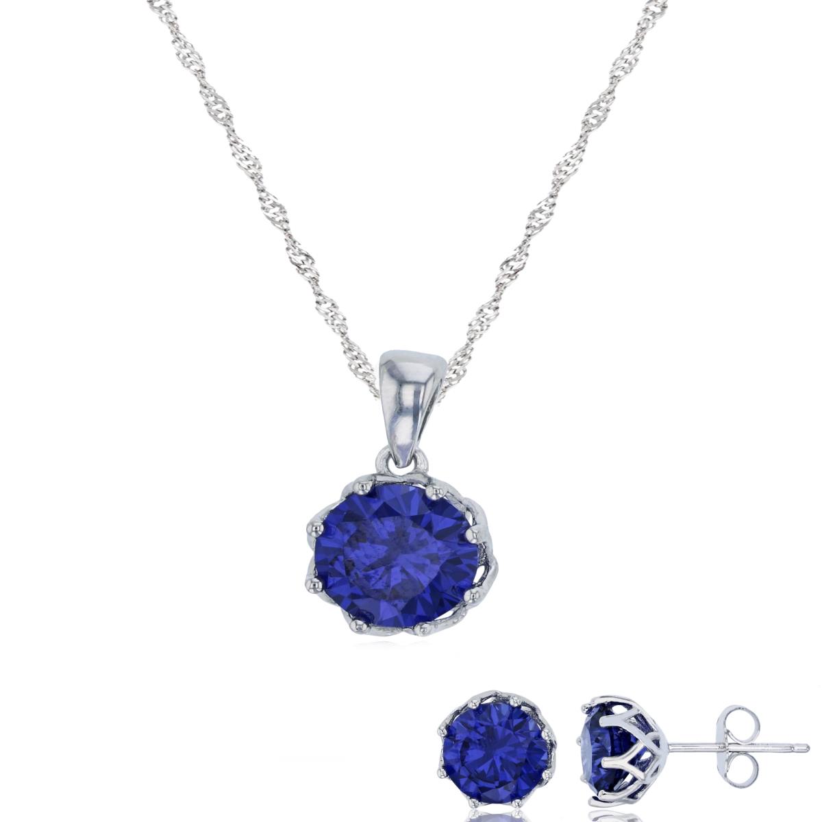 Sterling Silver Rhodium 8mm Tanzanite Round Cut CZ Solitaire 18"+2" Singapore Necklace & Earring Set