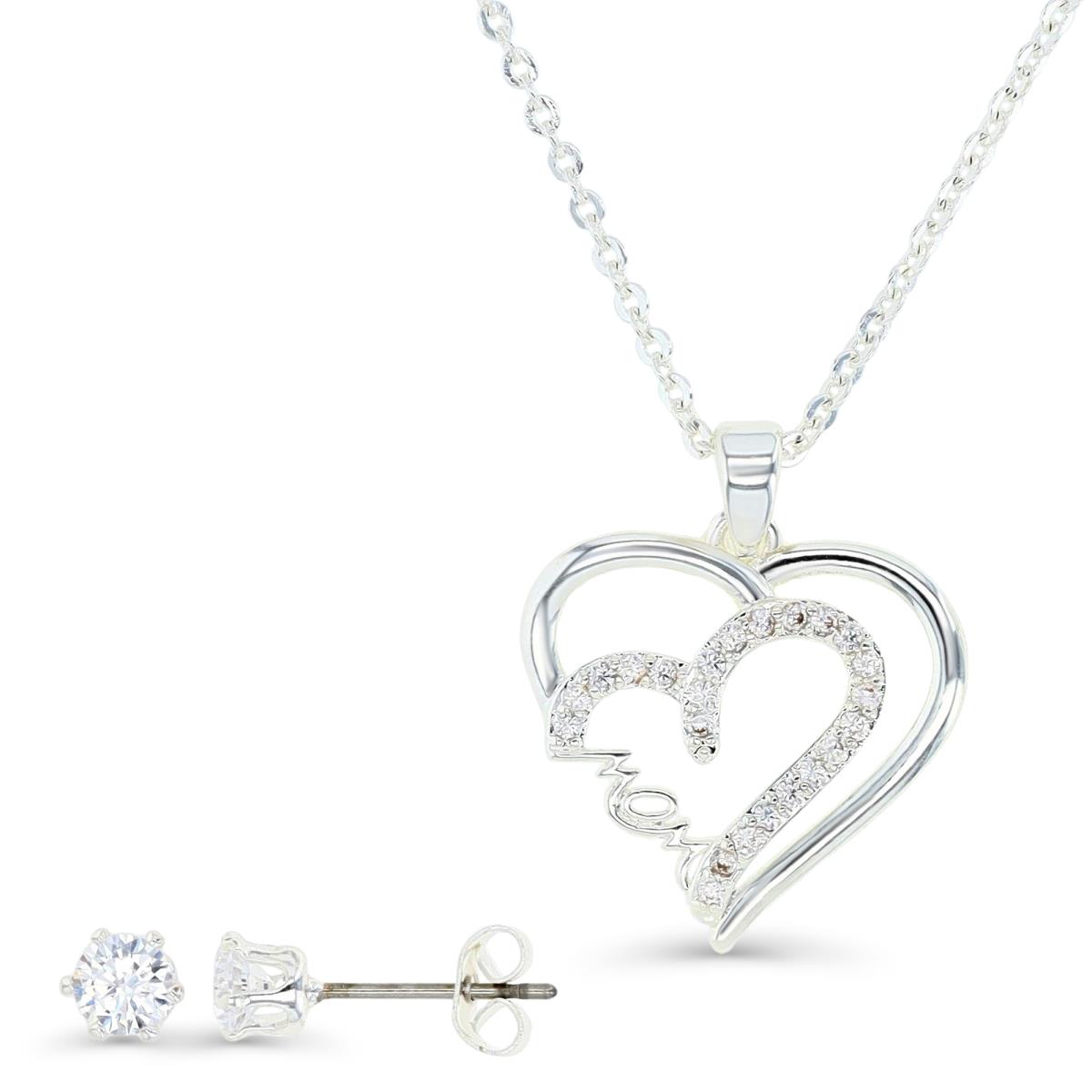 Platinum Plated Brass Silver Plated & White CZ "MOM" Heart 16+2" Necklace and 4MM Stud Earrings Set