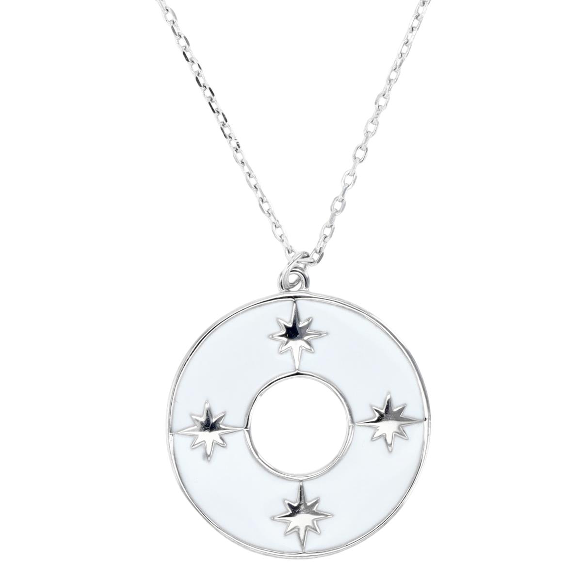 Sterling Silver Rhodium 22X20MM Polished White Enamel Starburst  18''+2'' Necklace
