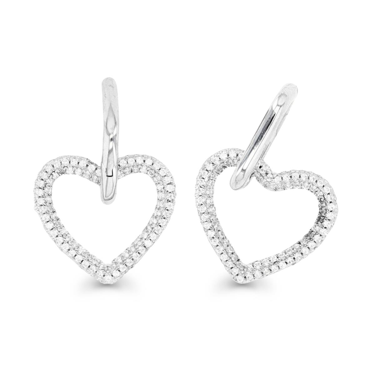 Sterling Silver Rhodium 27X15MM Polished White CZ Micropave Heart Dangling Earring