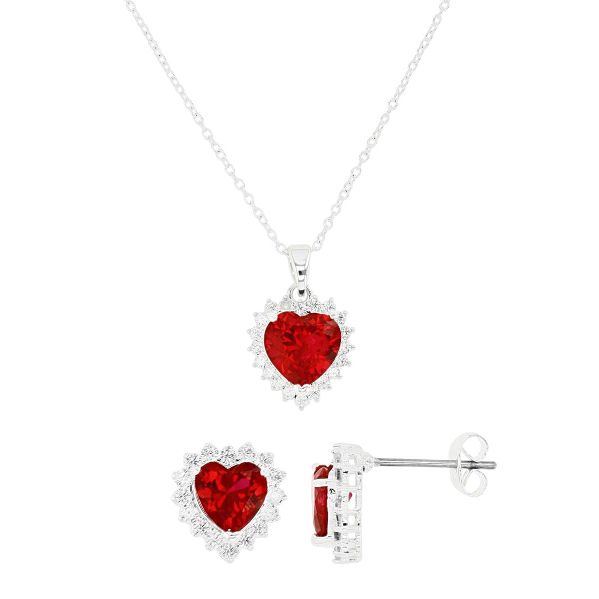 Platinum Plated Brass Silver Plated & Red and White CZ Halo Heart 16+2" Necklace & Stud Earrings Set