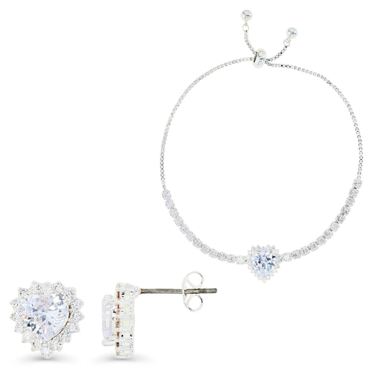 Platinum Plated Brass Silver Plated & White CZ Halo Heart Tennis Bolo Bracelet & Stud Earrings Set