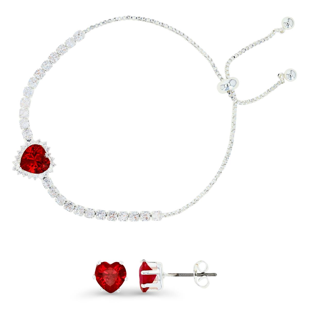 Platinum Plated Brass Silver Plated & Red and White CZ Halo Heart Tennis Bolo Bracelet & Stud Earrings Set