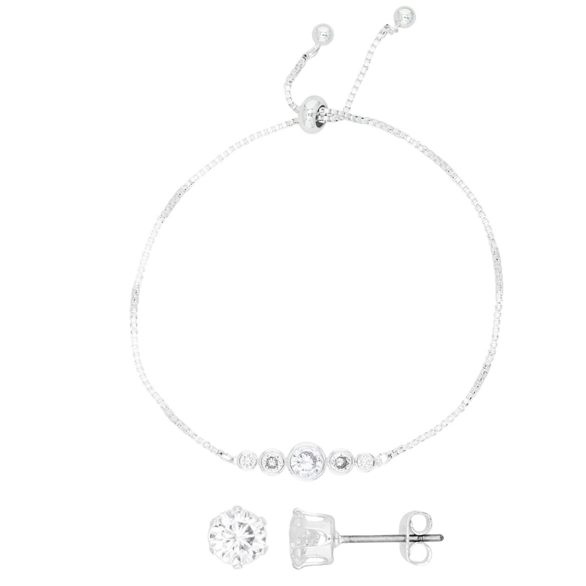 Platinum Plated Brass Silver Plated & Bezel-Set White CZ Bolo Bracelet & 5MM Stud Earrings Set