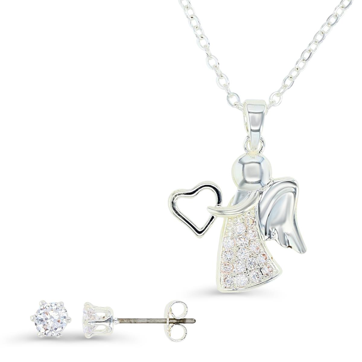 Platinum Plated Brass Silver Plated & White CZ Angel Holding Heart 16+2" Necklace & 4MM Stud Earrings Set
