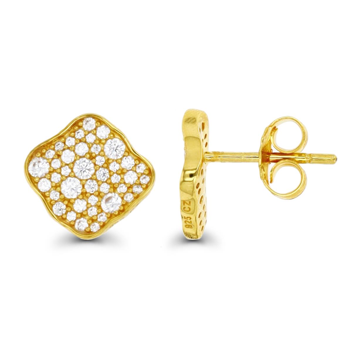  Sterling Silver Yellow 10X1.7MM Polished White CZ Pave Irregular Flower Stud Earring