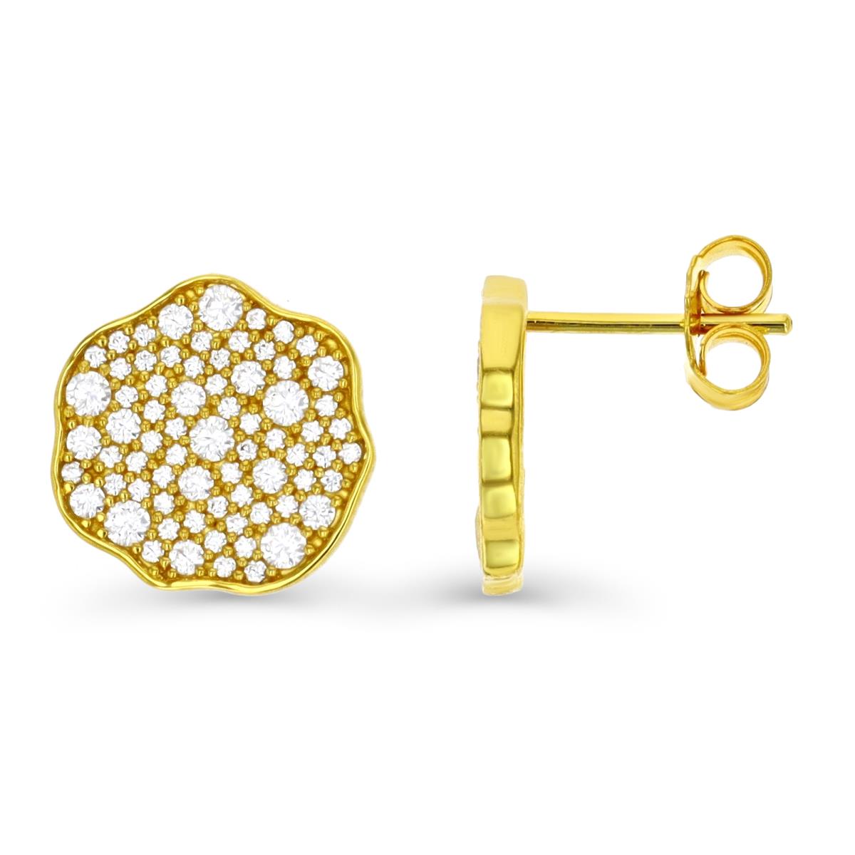 Sterling Silver Yellow 13X2MM Polished White CZ Pave Irregular Flower Stud Earring