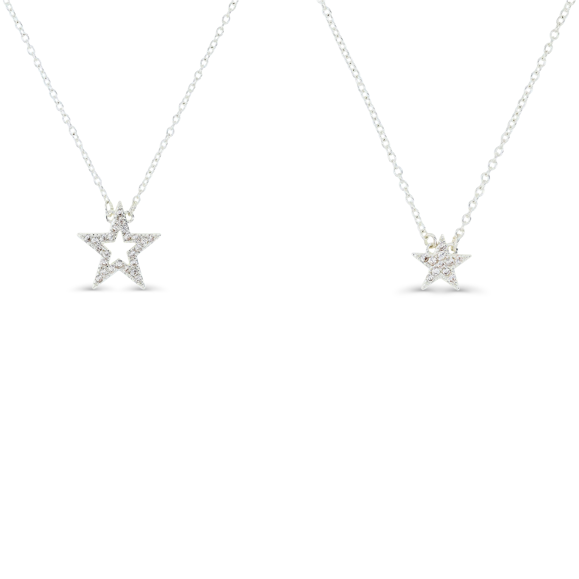 Platinum Plated Brass Silver Plated & White CZ 13MM Star 16+2" Necklace and 8MM Star 15+2" Necklace Set