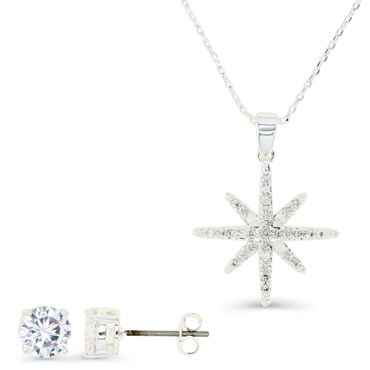 Platinum Plated Brass Silver Plated & White CZ Starburst 16+2" Necklace & 6MM Stud Earrings Set