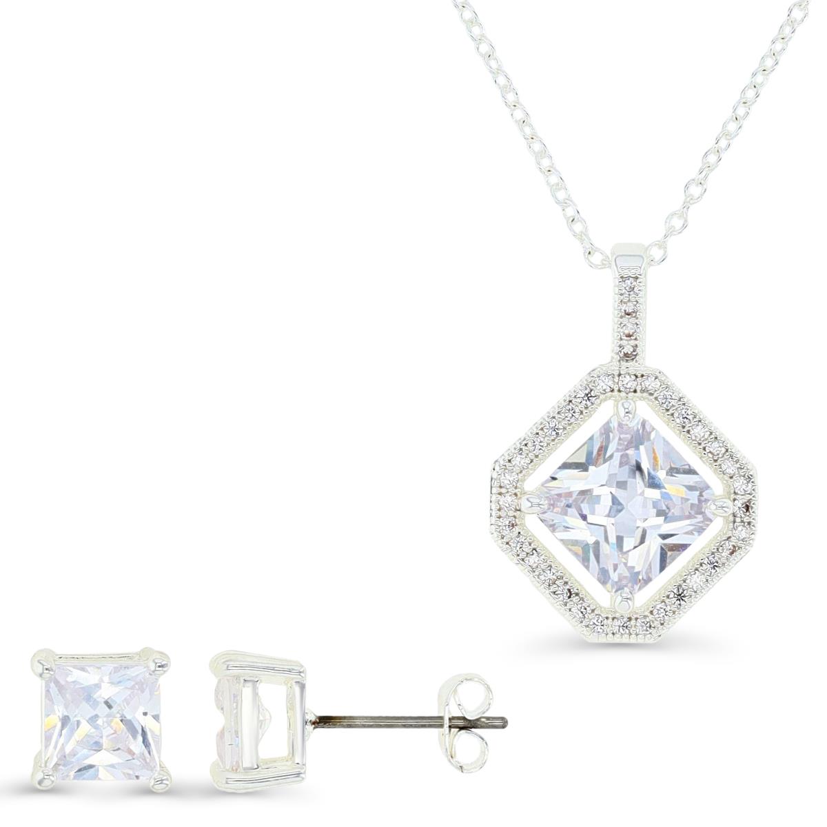 Platinum Plated Brass Silver Plated & PC White CZ Halo 16+2" Necklace & 6MM PC Stud Earrings Set