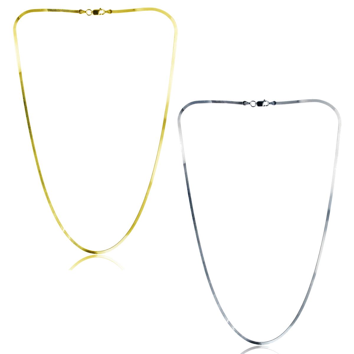 Sterling Silver Rhodium & Gold Plated 1 Micron Guaranteed 3mm Herringbone 18" Basic Chains Set Of 2