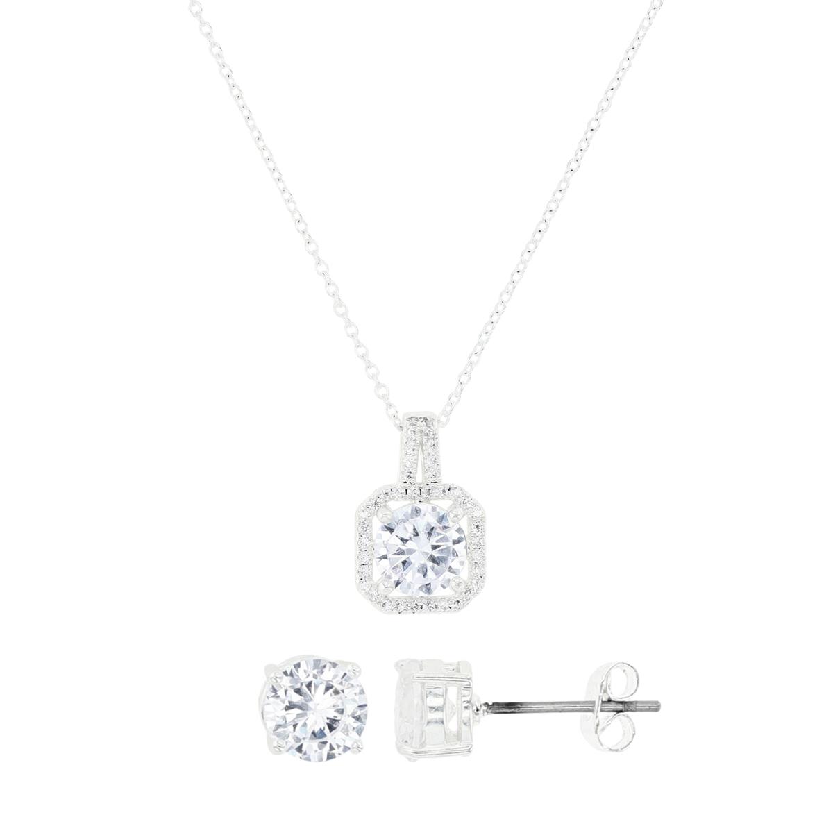 Platinum Plated Brass Silver Plated & White CZ Halo 16+2" Necklace & 6MM Stud Earrings Set