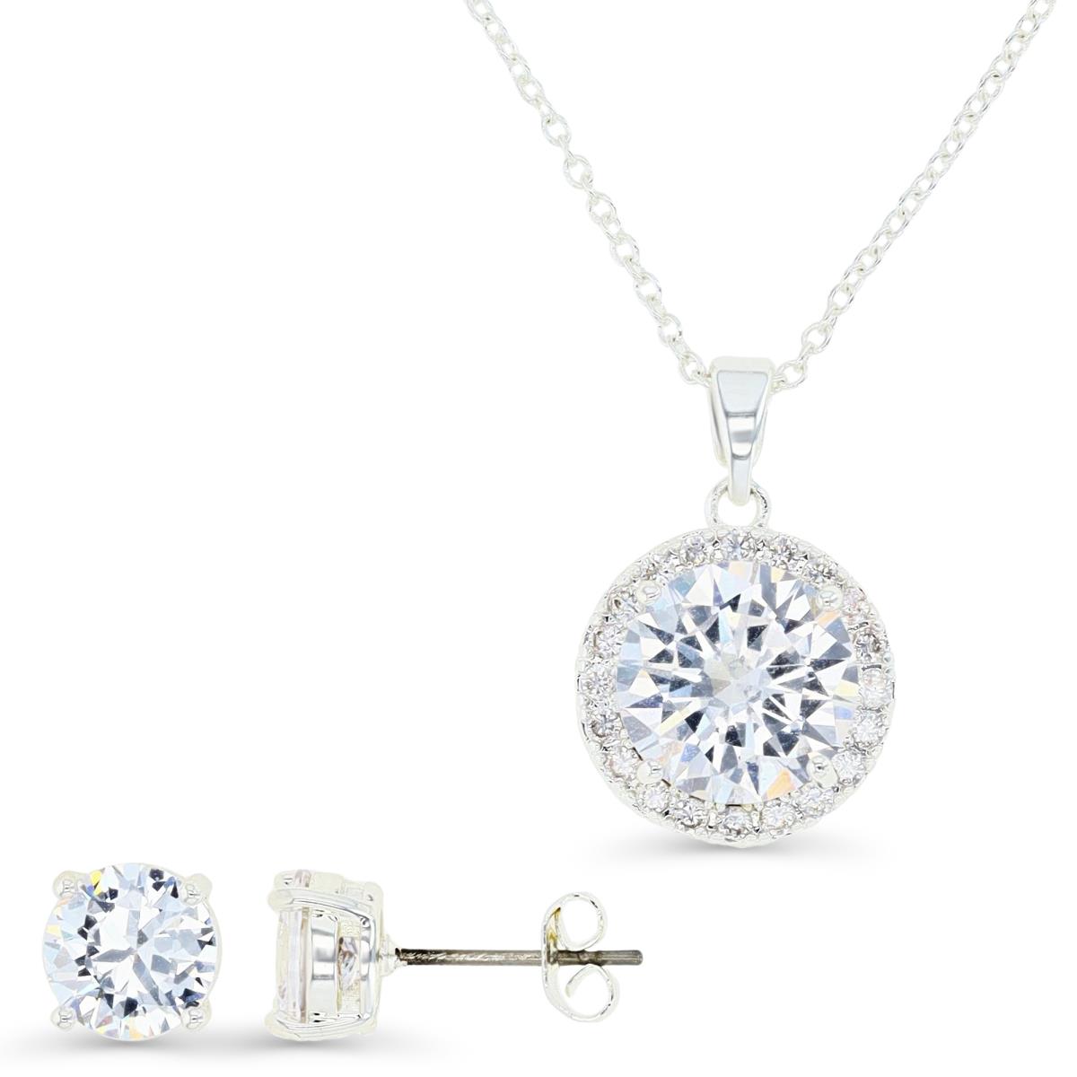 Platinum Plated Brass Silver Plated & White CZ Round Halo 16+2" Necklace & 7MM Stud Earrings Set