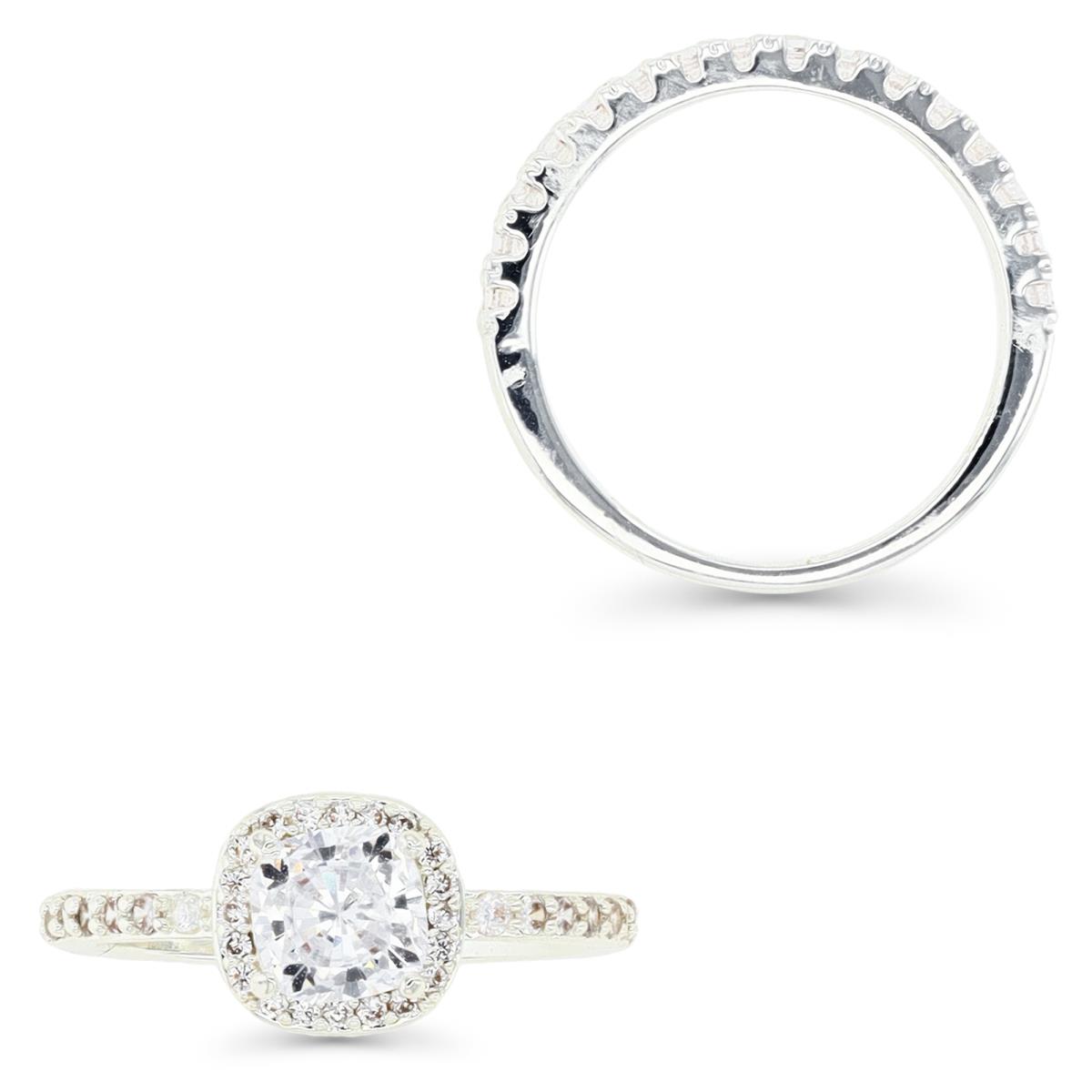 Platinum Plated Brass Silver Plated 6MM Polished White CZ Cushion Cut Double Ring Set