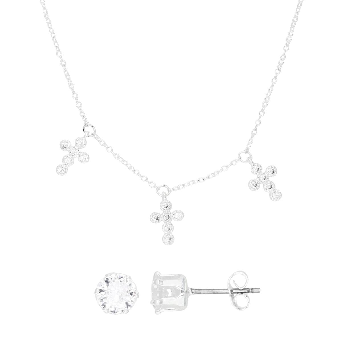 Platinum Plated Brass Silver Plated & White CZ 3 Dangling Crosses 16+2" Necklace & 5MM Stud Earrings Set