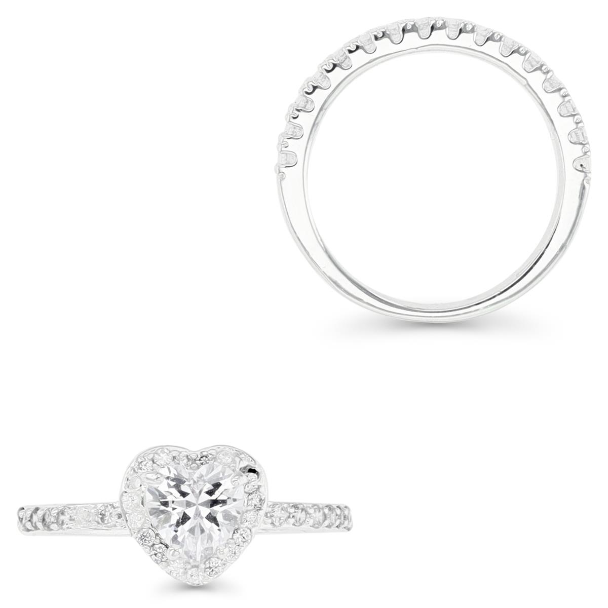 Platinum Plated Brass Silver Plated 6MM Polished White CZ Heart Shape Double Ring Set