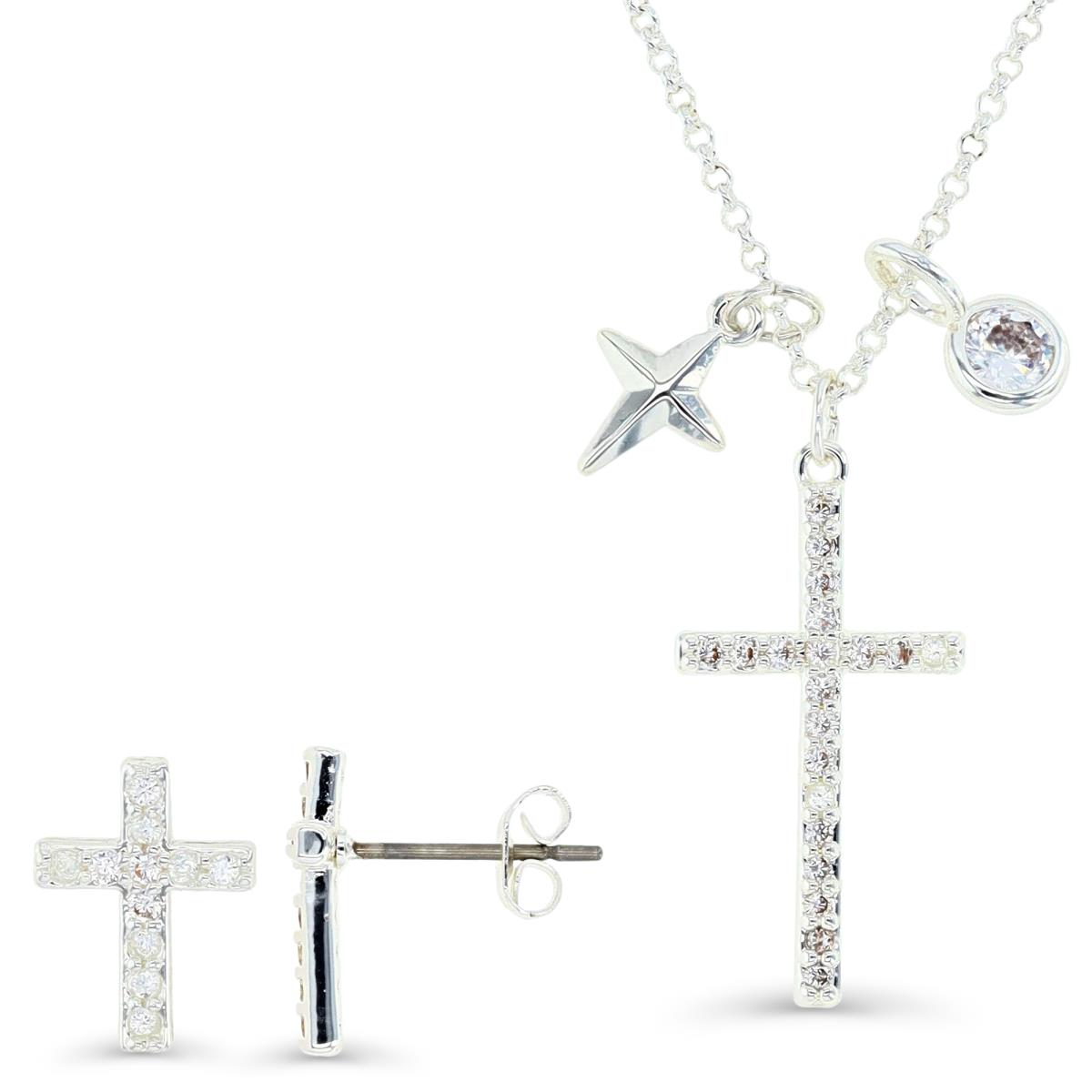 Platinum Plated Brass Silver Plated & White CZ Cross w/2 Charms 16+2" Necklace & Cross Stud Earrings Set