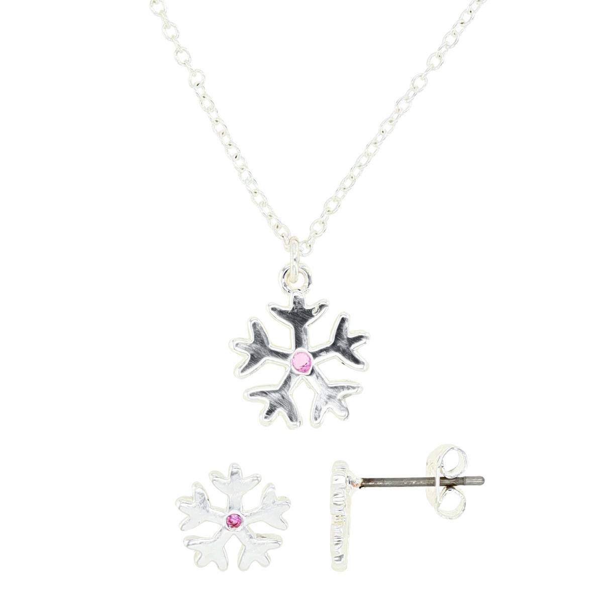 Platinum Plated Brass Silver Plated & Pink CZ Snowflake 16+2" Necklace & 8MM Snowflake Stud Earrings Set