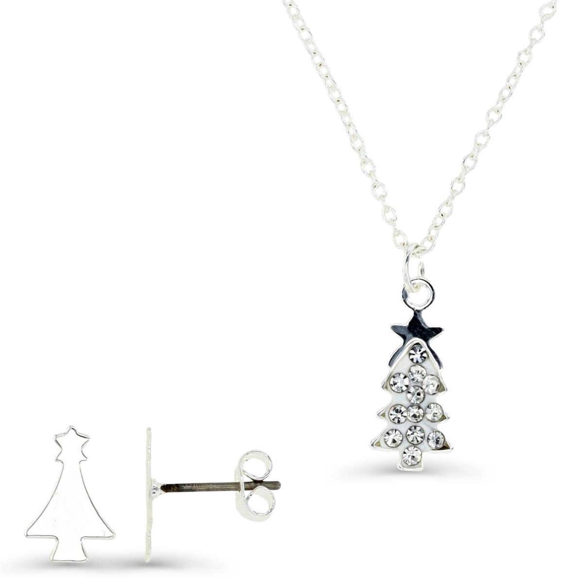 Platinum Plated Brass Silver Plated & White CZ and Enamel Christmas Tree 16+2" Necklace and Polished Christmas Tree Stud Earrings Set