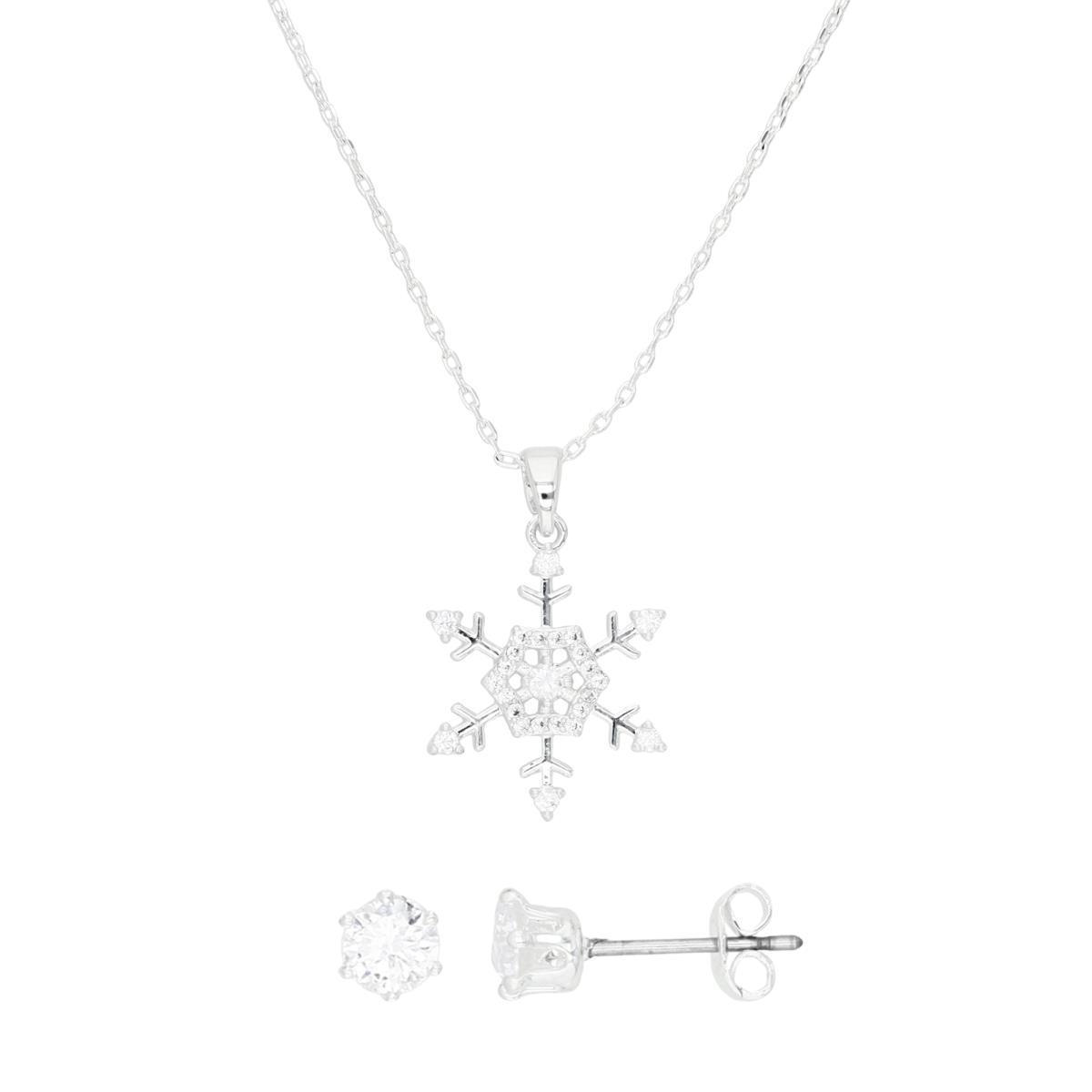 Platinum Plated Brass Silver Plated & White CZ Snowflake 16+2" Necklace & 4MM Stud Earrings Set
