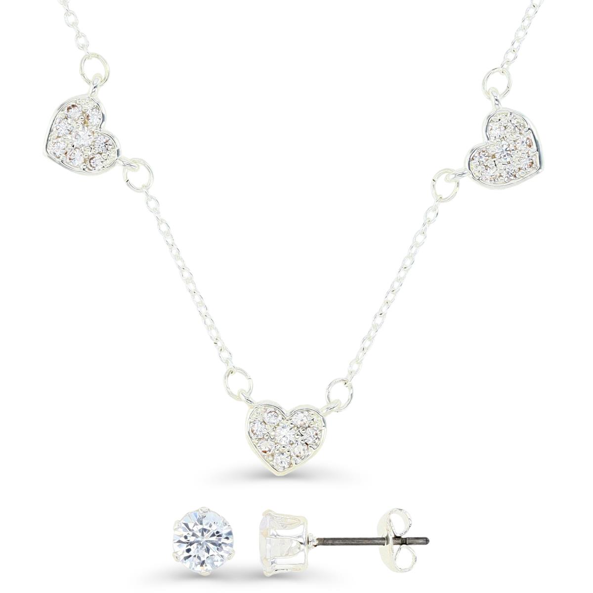 Platinum Plated Brass Silver Plated & White CZ  Hearts Station 16+2" Necklace & 5MM Stud Earrings Set