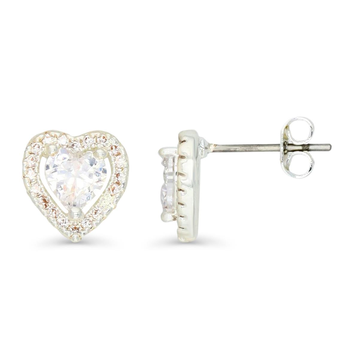 Platinum Plated Brass Silver Plated  & White CZ 9X9MM Halo Heart Stud Earring