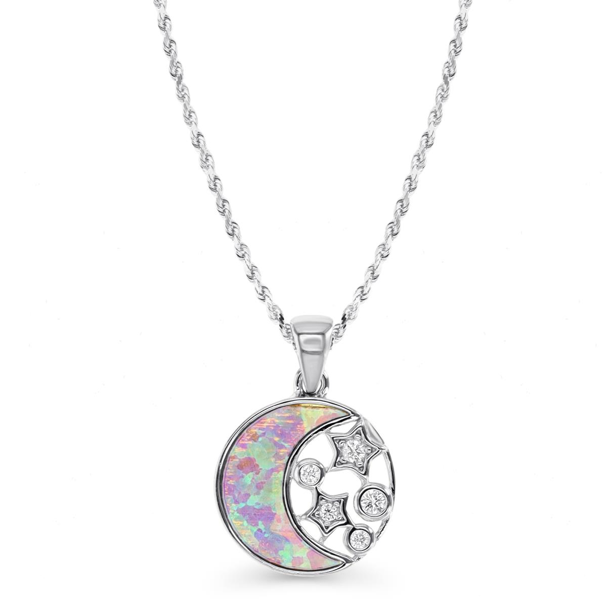 Sterling Silver Rhodium & Cr. Pink Opal and White CZ  Moon and Stars 13MM Disc 18''+2
