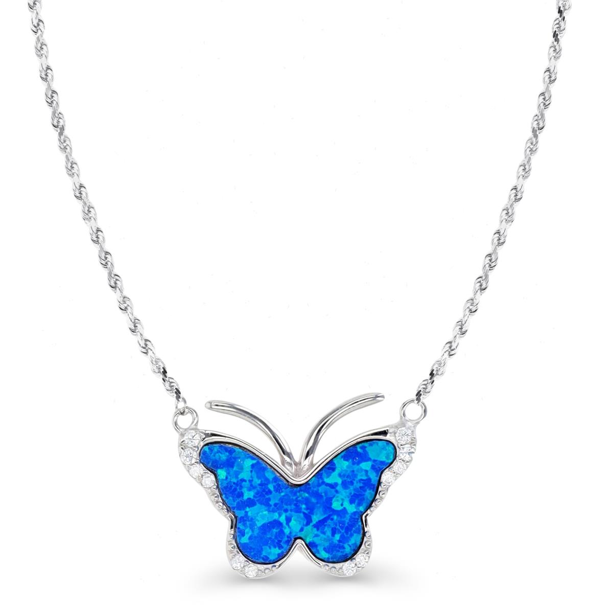 Sterling Silver Rhodium & Cr. Blue Opal and White CZ Butterfly 18''+2