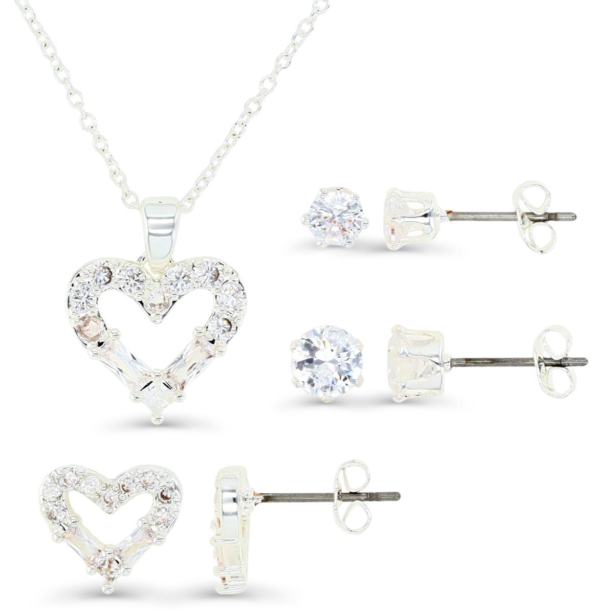 Platinum Plated Brass Silver Plated & White CZ Heart 16+2" Necklace and Heart Stud & 4/5MM Stud Earrings 4 Pc Set