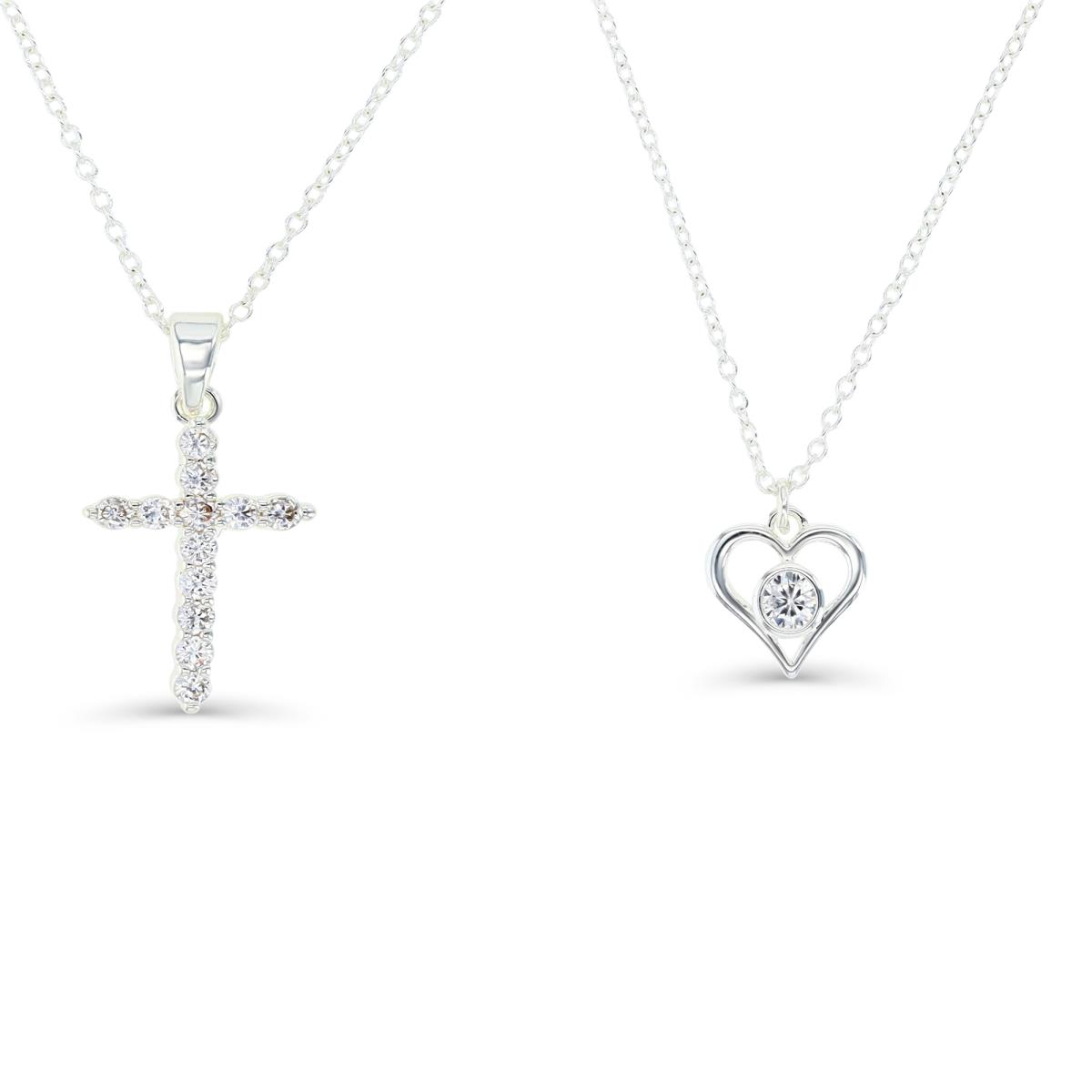Platinum Plated Brass Silver Plated & White CZ Cross 16+2" and Heart 15+2" 2 Necklace Set