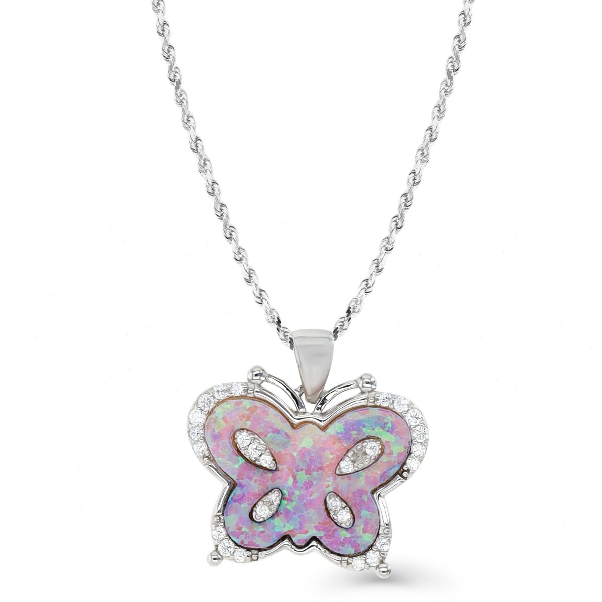 Sterling Silver Rhodium & Created Pink Opal and White CZ Butterfly 18''+2