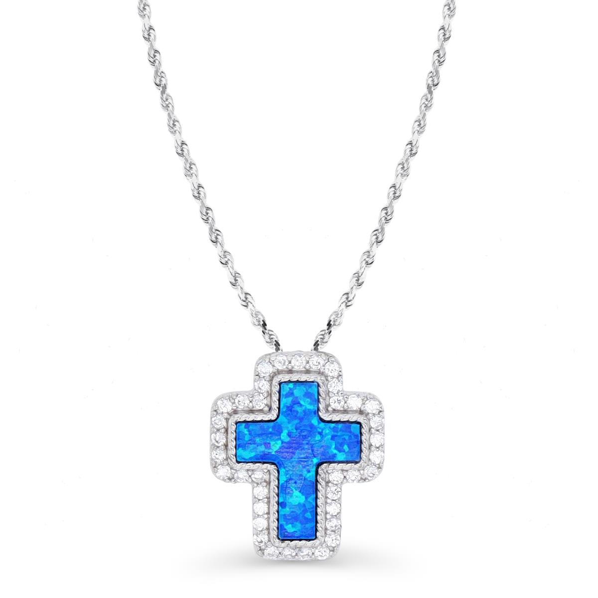 Sterling Silver Rhodium & Cr. Blue Opal and White CZ Cross 18''+2