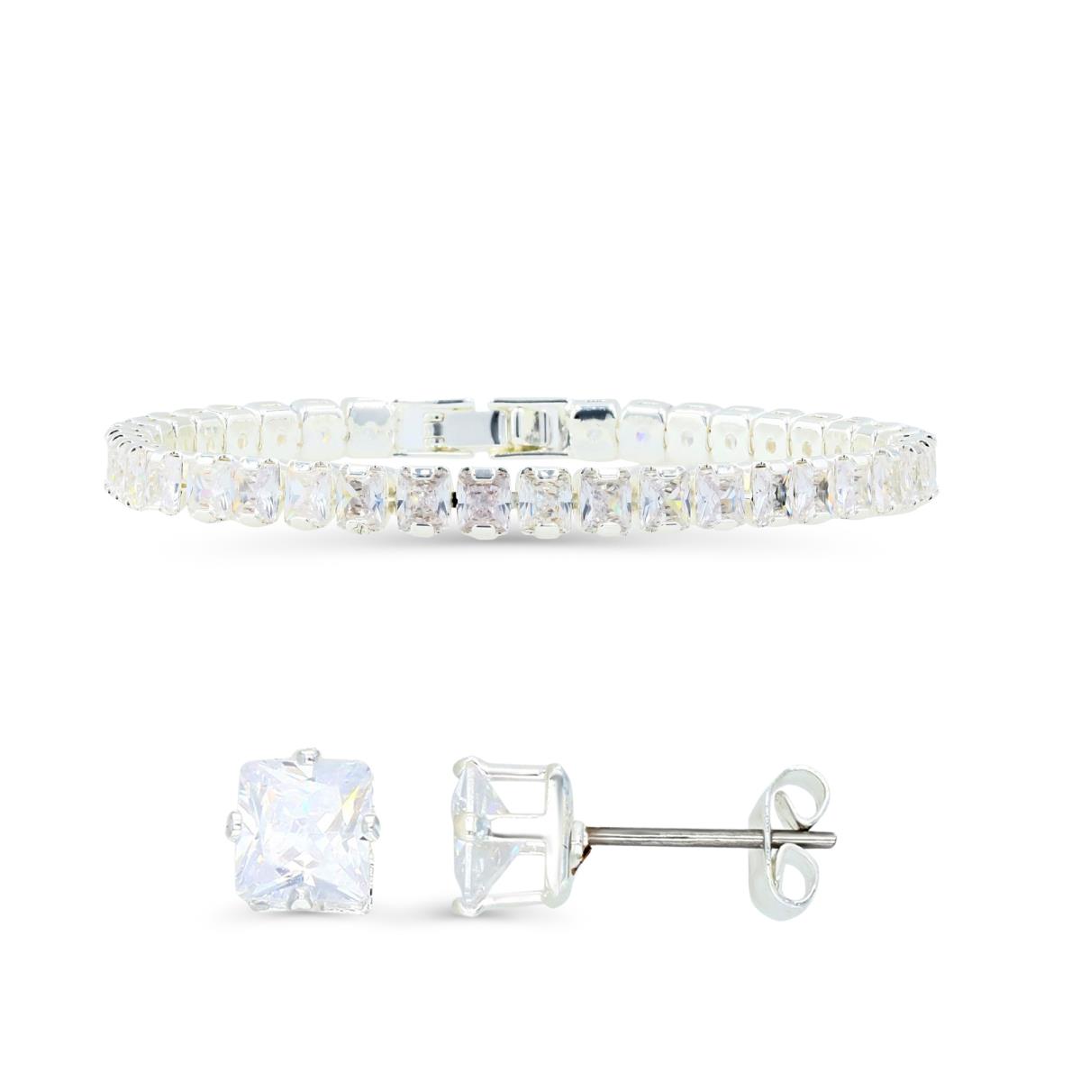 Platinum Plated Brass Silver Plated & White CZ 5MM Tennis Bracelet and 5MM PC White CZ Stud Earrings Set
