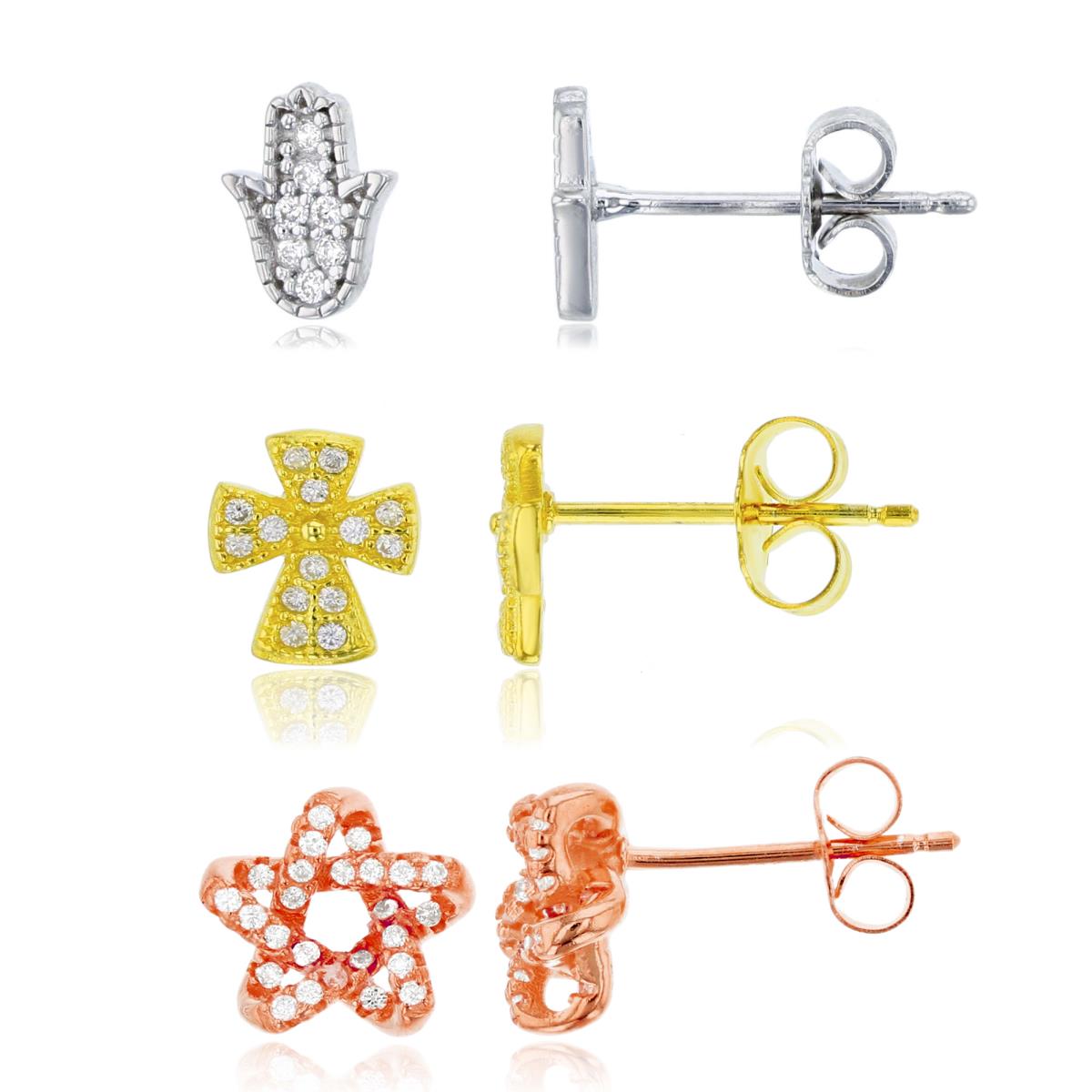 Sterling Silver Tricolor Micropave Religious Stud Set